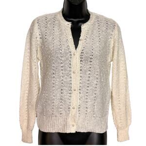 VTG 80s LeSah Petites LeRoy Cardigan Sweater M Cream Open Knit Pointelle Cozy m
